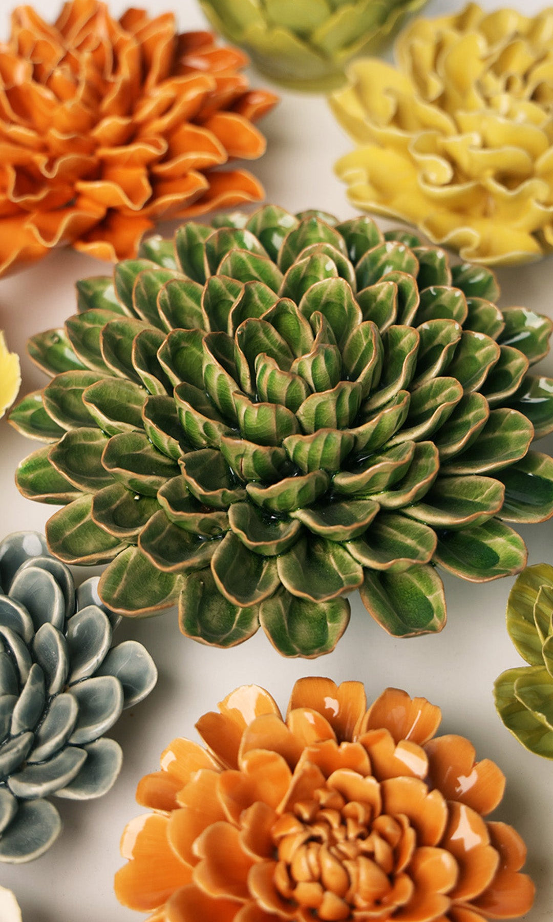 Avocado green Unicorn Zinnia ceramic wall flower — English Garden Collection — handmade by Chive Studio Toronto