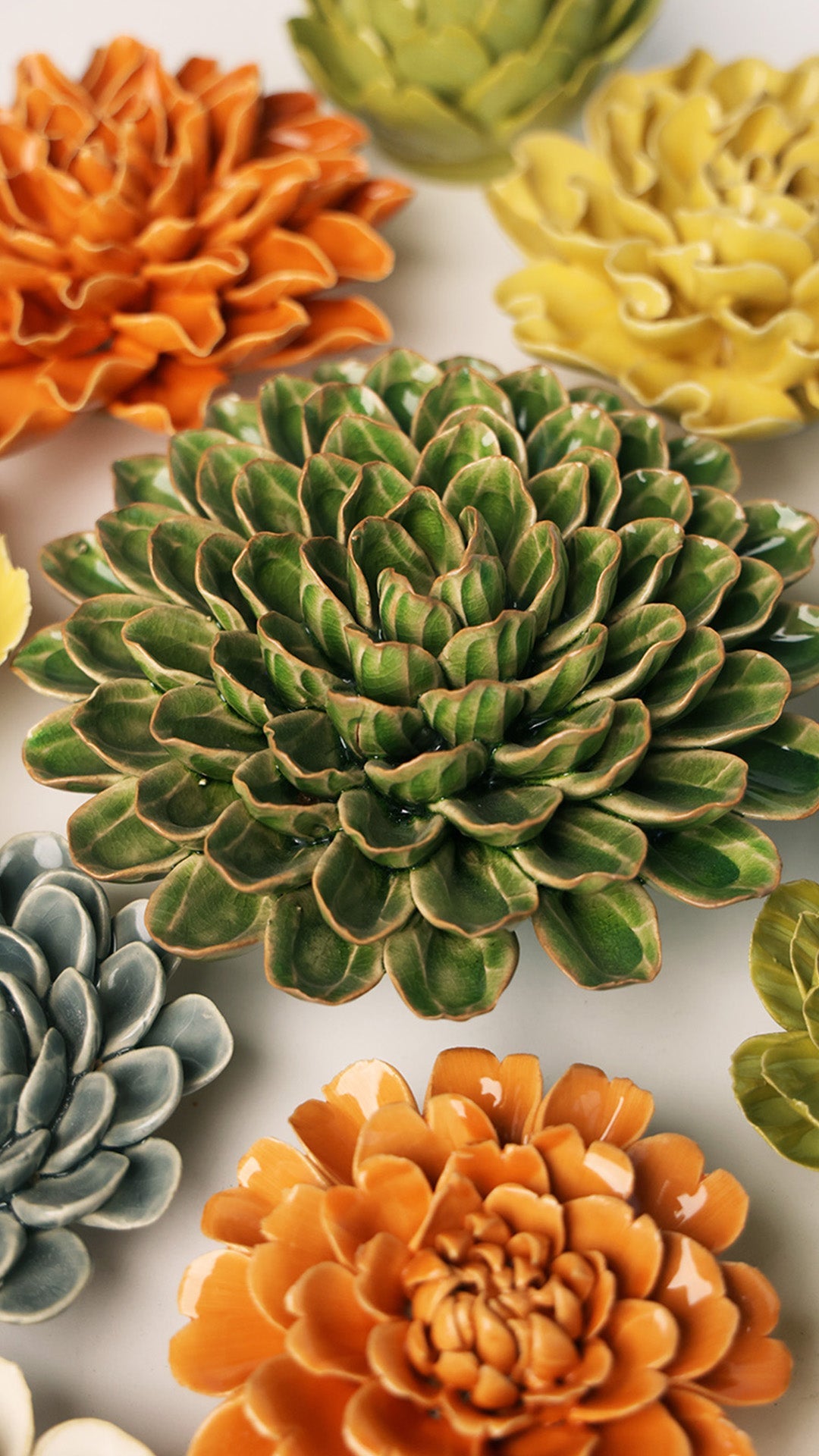 Avocado green Unicorn Zinnia ceramic wall flower — English Garden Collection — handmade by Chive Studio Toronto