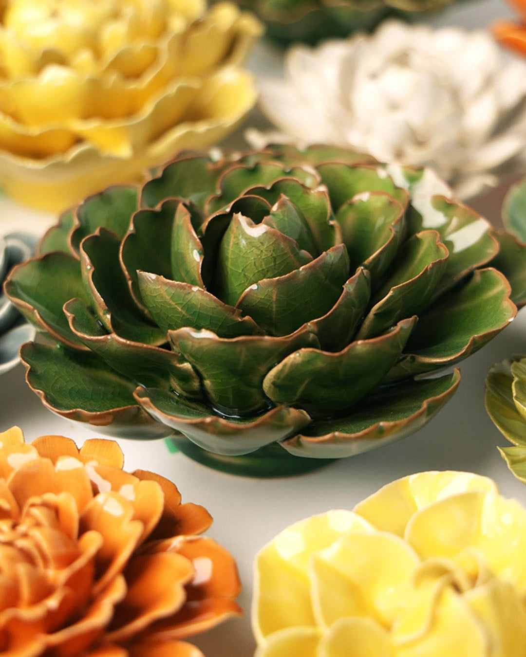 Avocado green Keiko Peony ceramic wall flower — English Garden Collection — handmade by Chive Studio Toronto