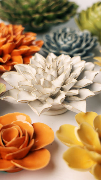 Ivory Autumn Azalea ceramic wall flower mounted on a wall — Chive Ceramics Studio