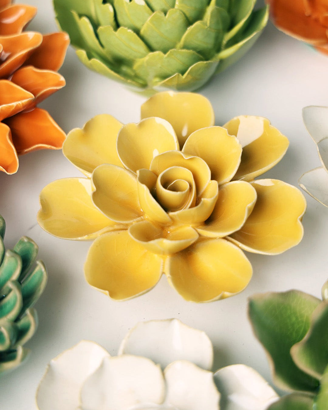 Burnt yellow Tahitian Gardenia ceramic wall flower — English Garden Collection — handmade by Chive Studio Toronto