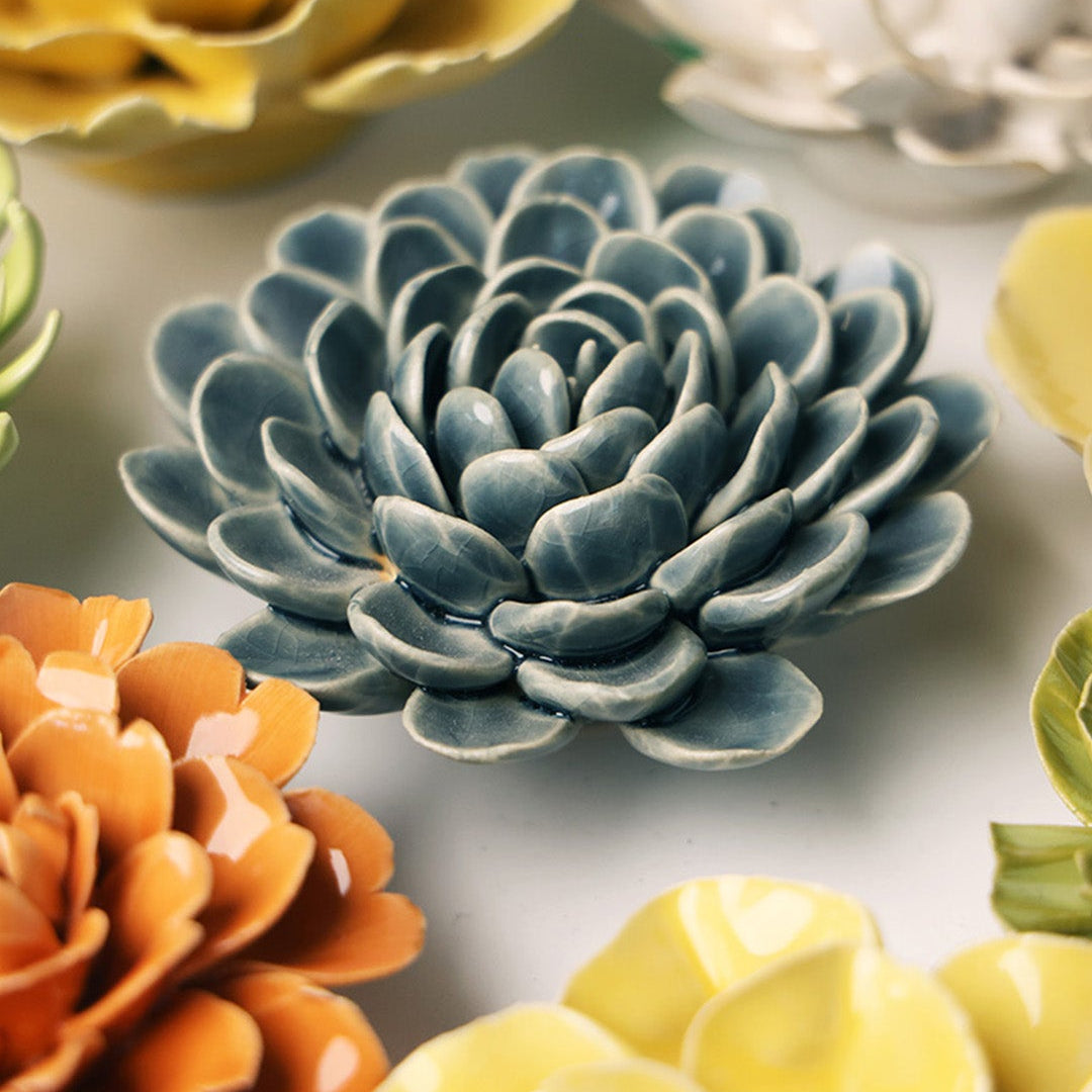 Pewter blue Zinderella Zinnia ceramic wall flower — English Garden Collection — handmade by Chive Studio Toronto