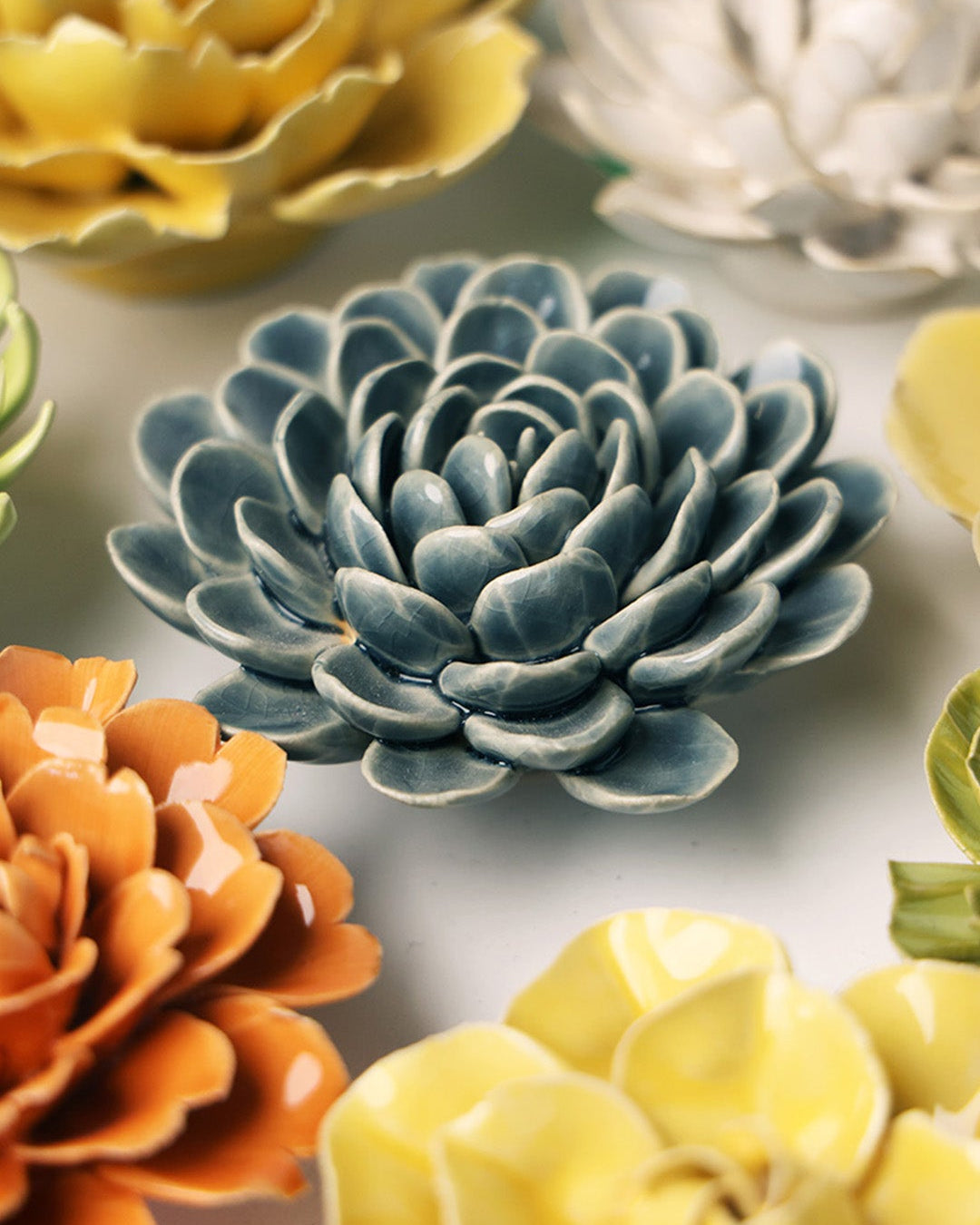 Pewter blue Zinderella Zinnia ceramic wall flower — English Garden Collection — handmade by Chive Studio Toronto
