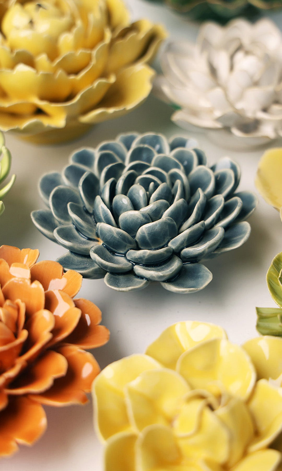 Pewter blue Zinderella Zinnia ceramic wall flower — English Garden Collection — handmade by Chive Studio Toronto