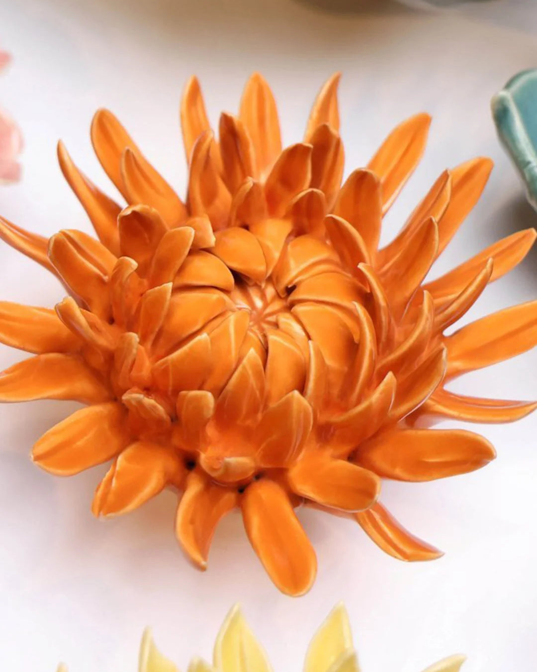 Orange Sarah Mum ceramic wall flower — English Garden Collection — handmade by Chive Studio Toronto