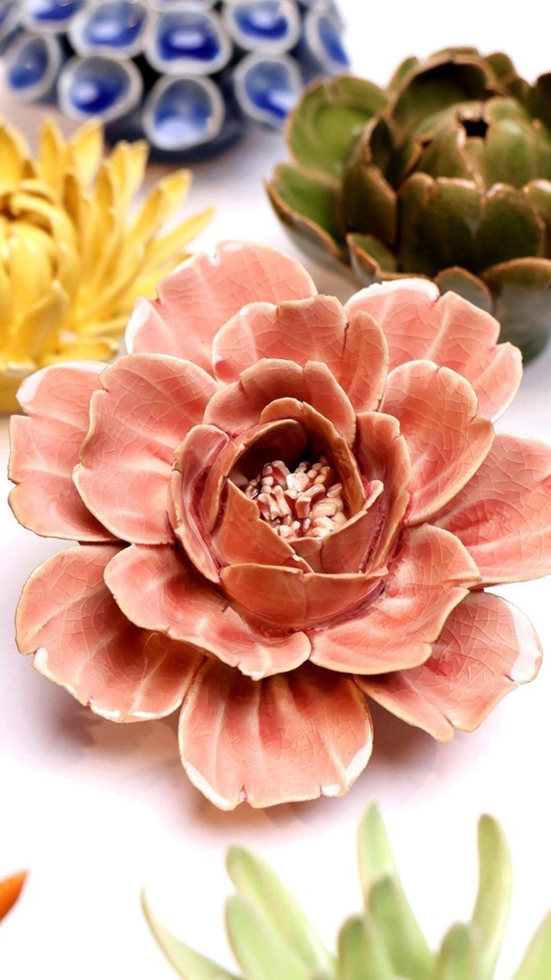 Champagne Pink Rose ceramic wall flower styled on a white table with other flowers — Chive Studio