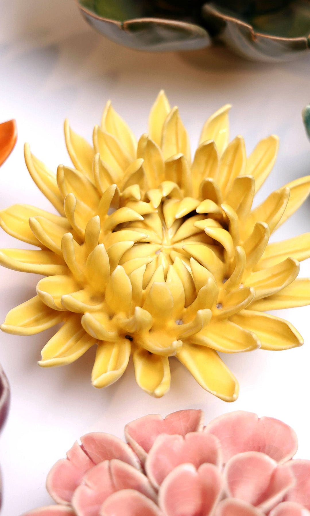 canary yellow Sarah mum ceramic wall flower — English Garden Collection — handmade by Chive Studio Toronto
