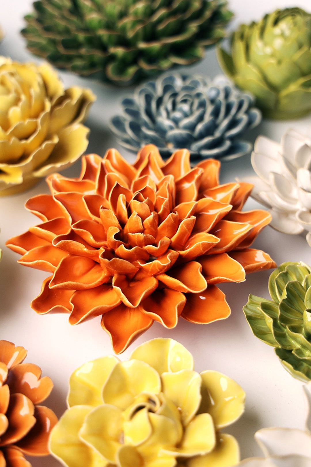 Orange Autumn Azalea ceramic wall flower styled on wall — English Garden — Chive Studio Toronto