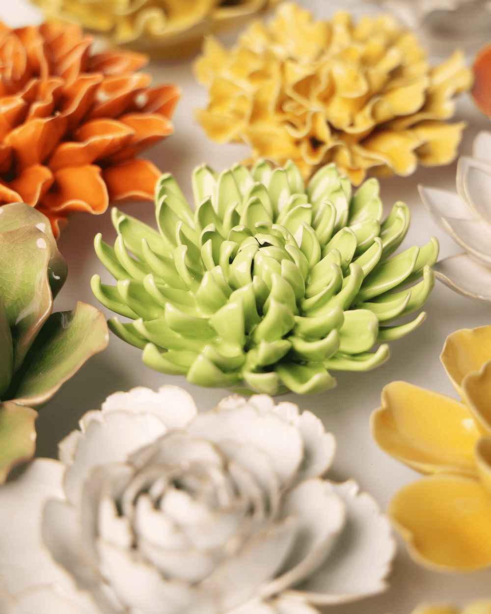 yellow green pompom mum ceramic wall flower — English Garden Collection — handmade by Chive Studio Toronto