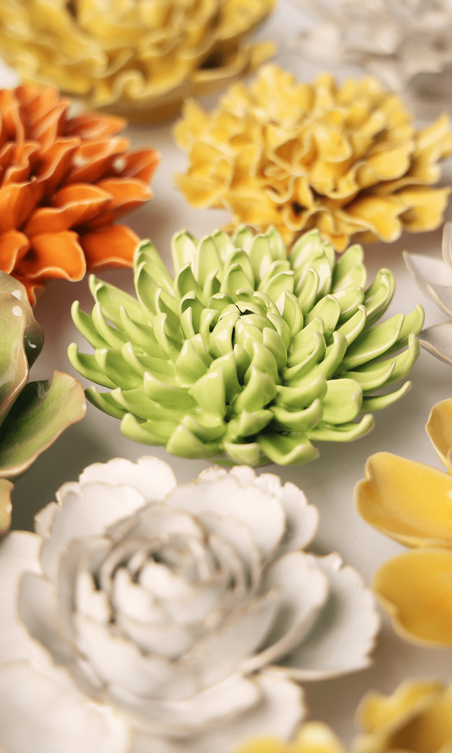 yellow green pompom mum ceramic wall flower — English Garden Collection — handmade by Chive Studio Toronto