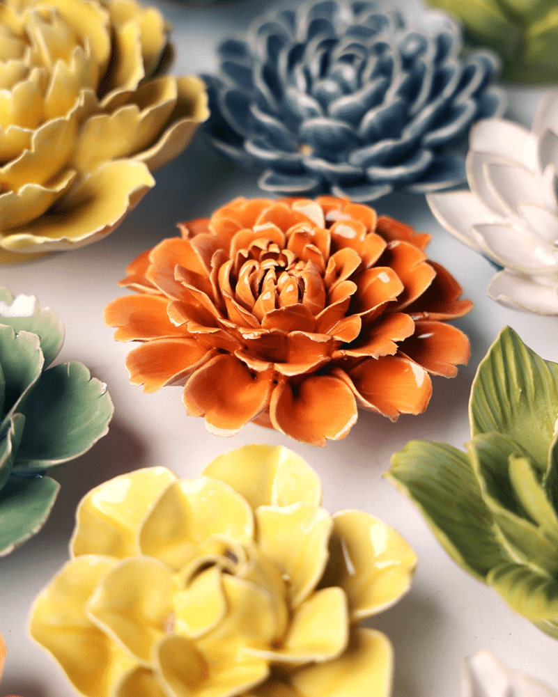 orange Fiesta Marigold ceramic wall flower — English Garden Collection — handmade by Chive Studio Toronto