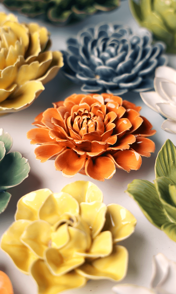 orange Fiesta Marigold ceramic wall flower — English Garden Collection — handmade by Chive Studio Toronto