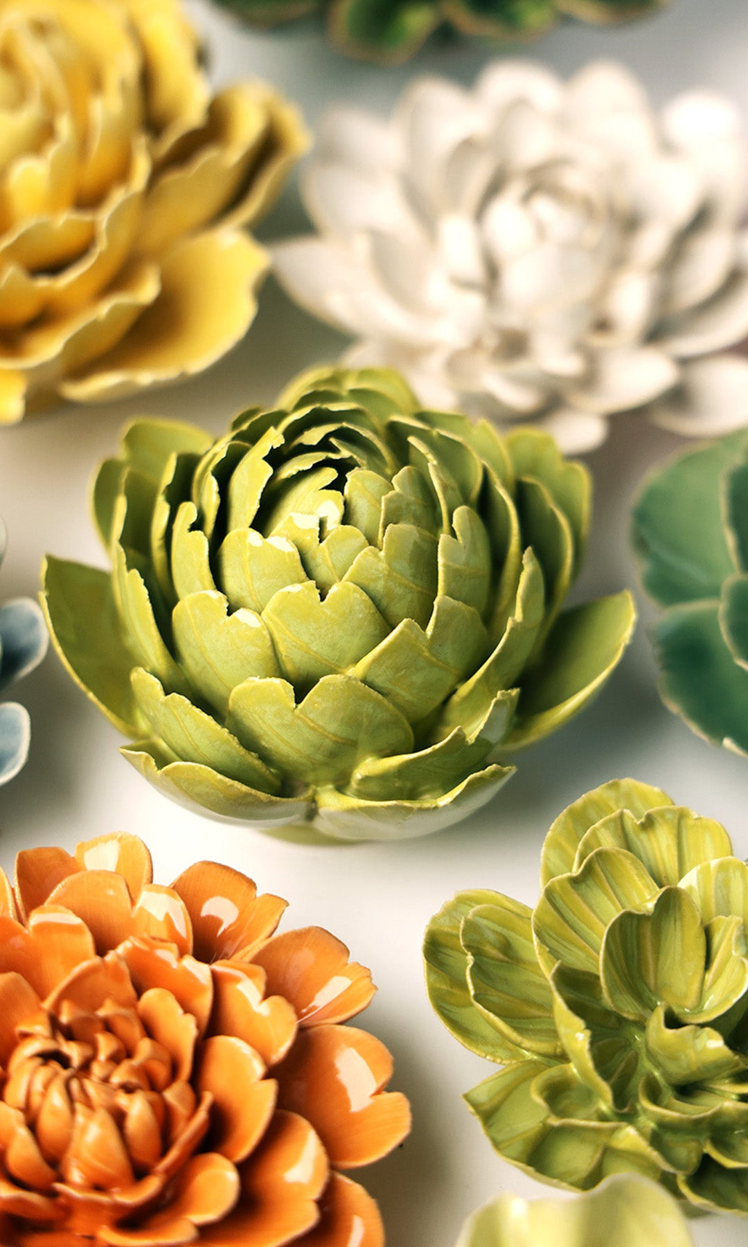 Chartreuse Queen Protea ceramic wall flower styled on wall — English Garden — Chive Studio Toronto