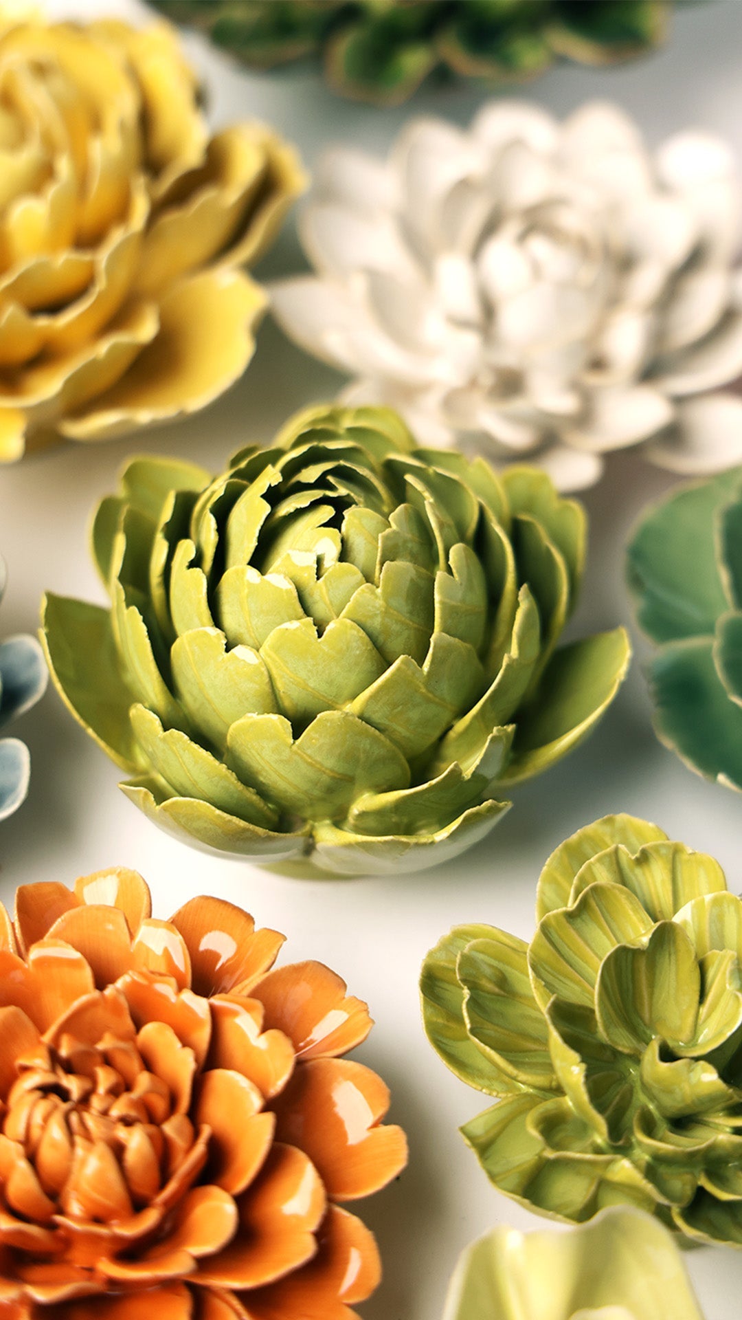 Chartreuse Queen Protea ceramic wall flower styled on wall — English Garden — Chive Studio Toronto