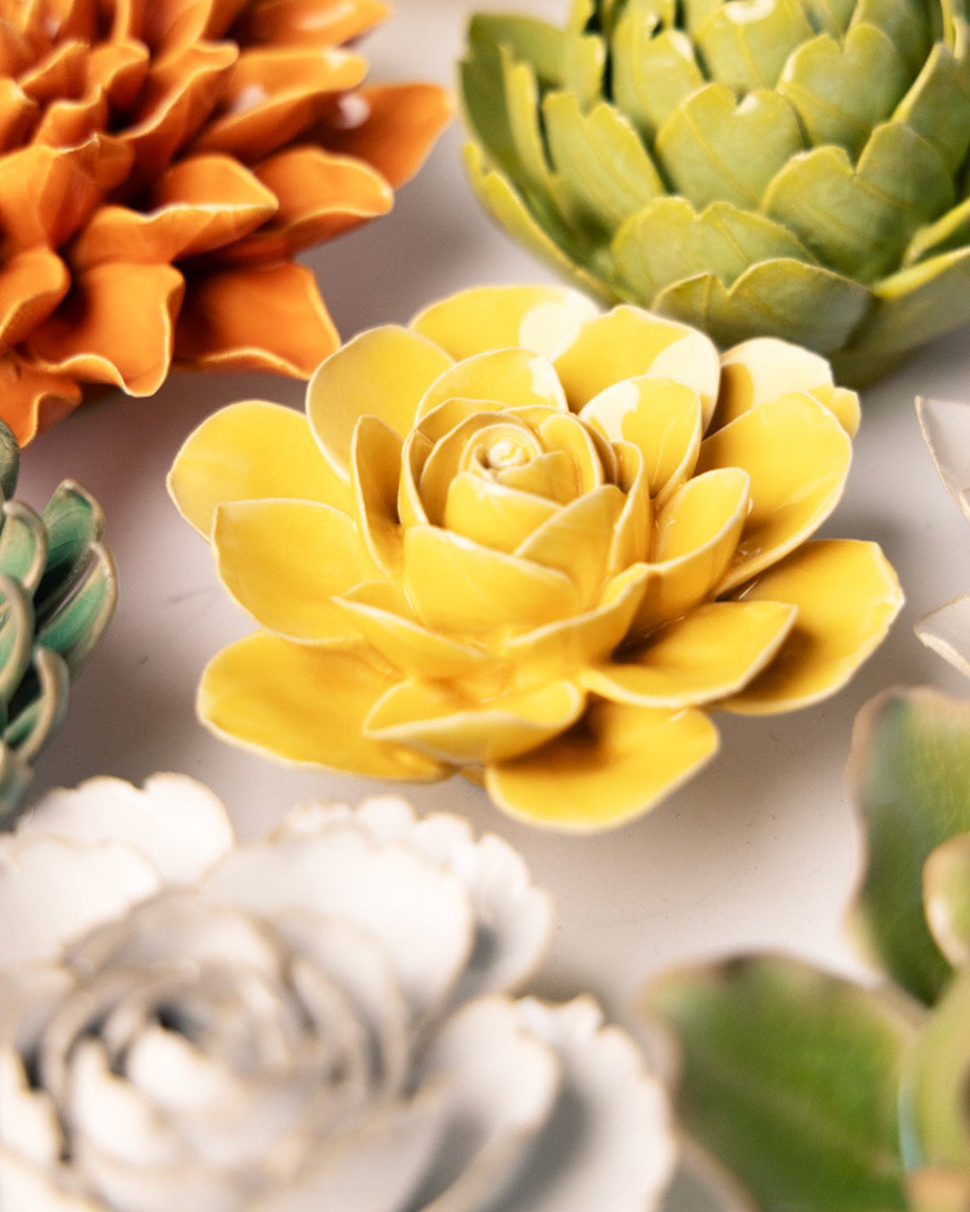 burnt yellow begonia ceramic wall flower — English Garden Collection — handmade by Chive Studio Toronto