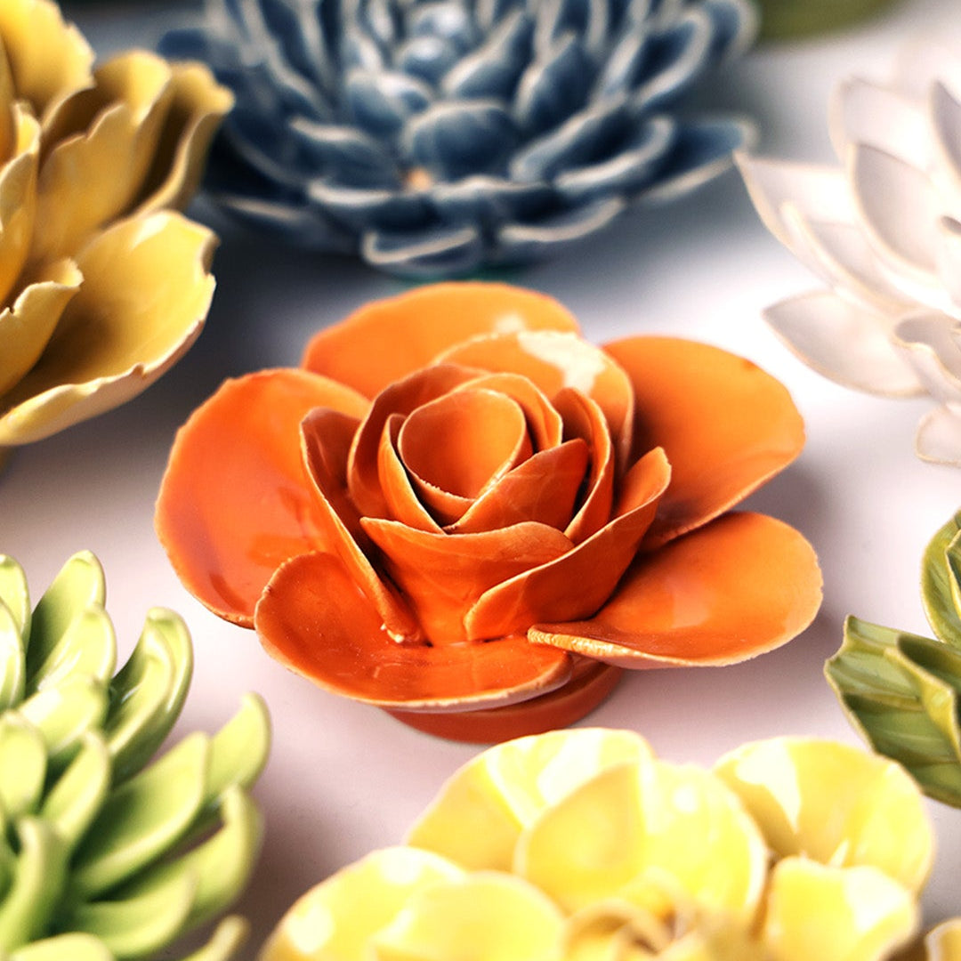 orange Elegance Ranunculus ceramic wall flower — English Garden Collection — handmade by Chive Studio Toronto