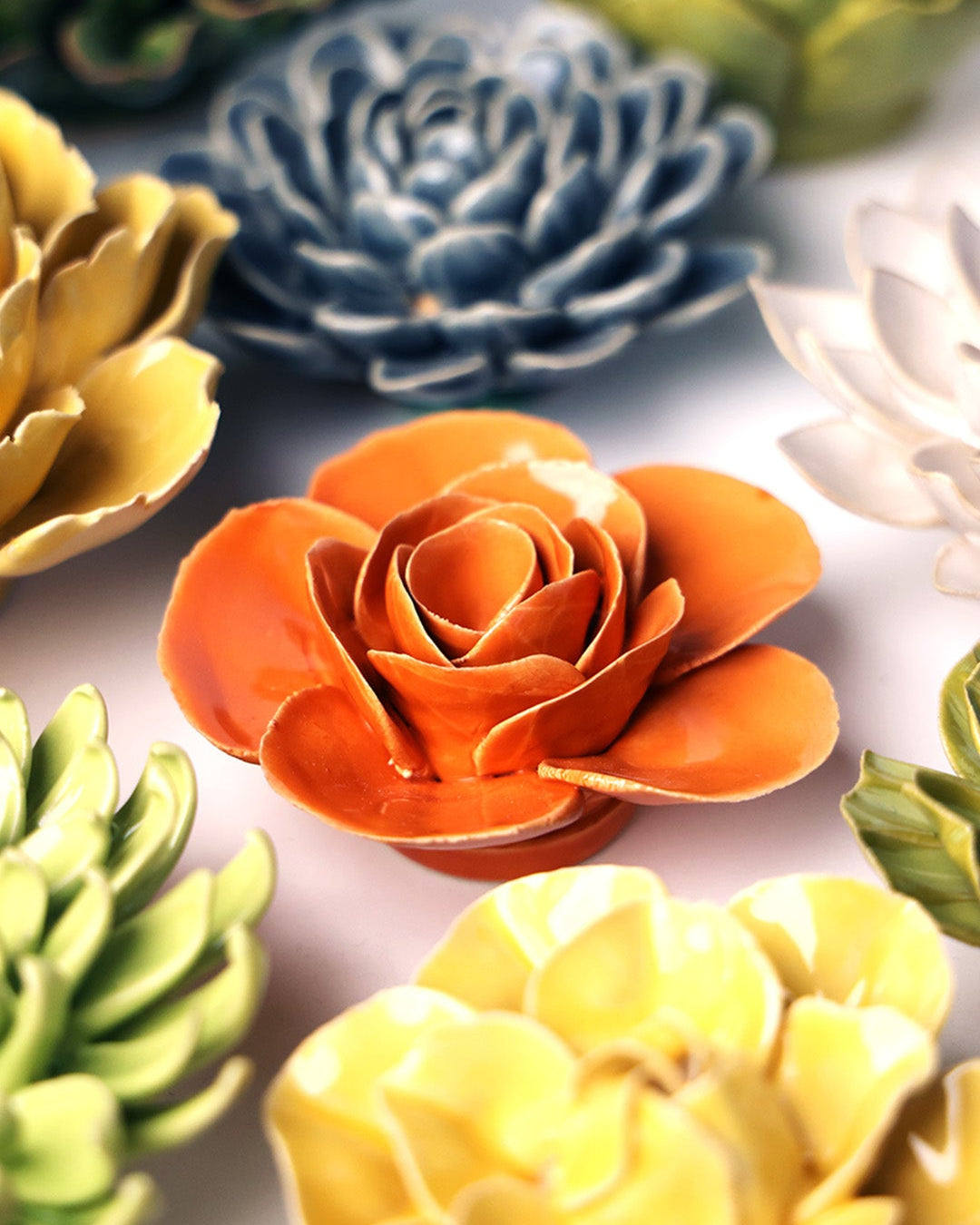 orange Elegance Ranunculus ceramic wall flower — English Garden Collection — handmade by Chive Studio Toronto