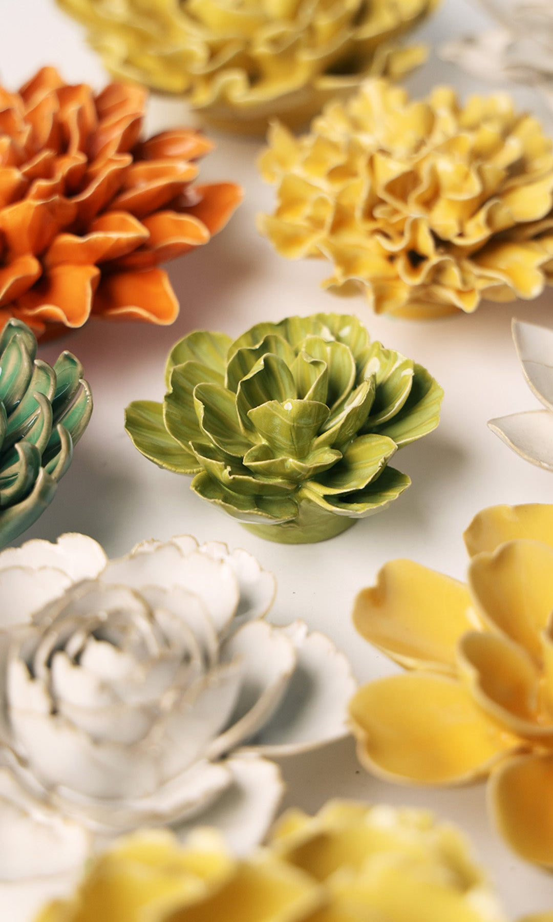 chartreuse primrose ceramic wall flower — English Garden Collection — handmade by Chive Studio Toronto