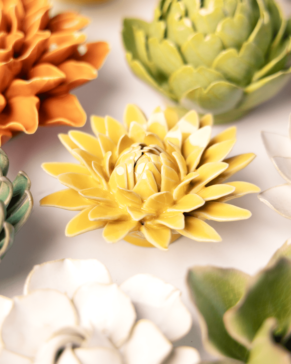 burnt yellow strawflower ceramic wall flower — English Garden Collection — handmade by Chive Studio Toronto