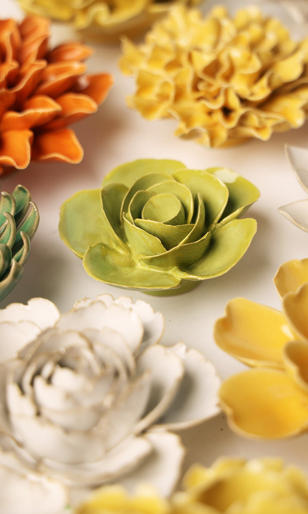 chartreuse Elegance Ranunculus ceramic wall flower — English Garden Collection — handmade by Chive Studio Toronto