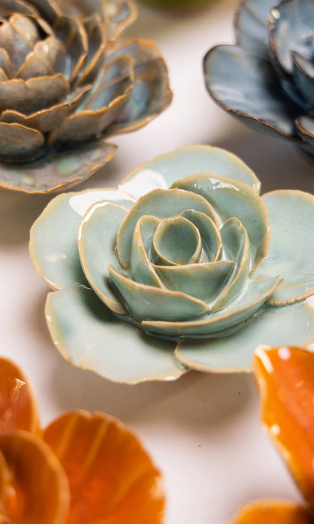 Milk Teal Elegance Ranunculus - Chive Ceramics Studio - Ceramic Flowers - Chive Ceramics Studio