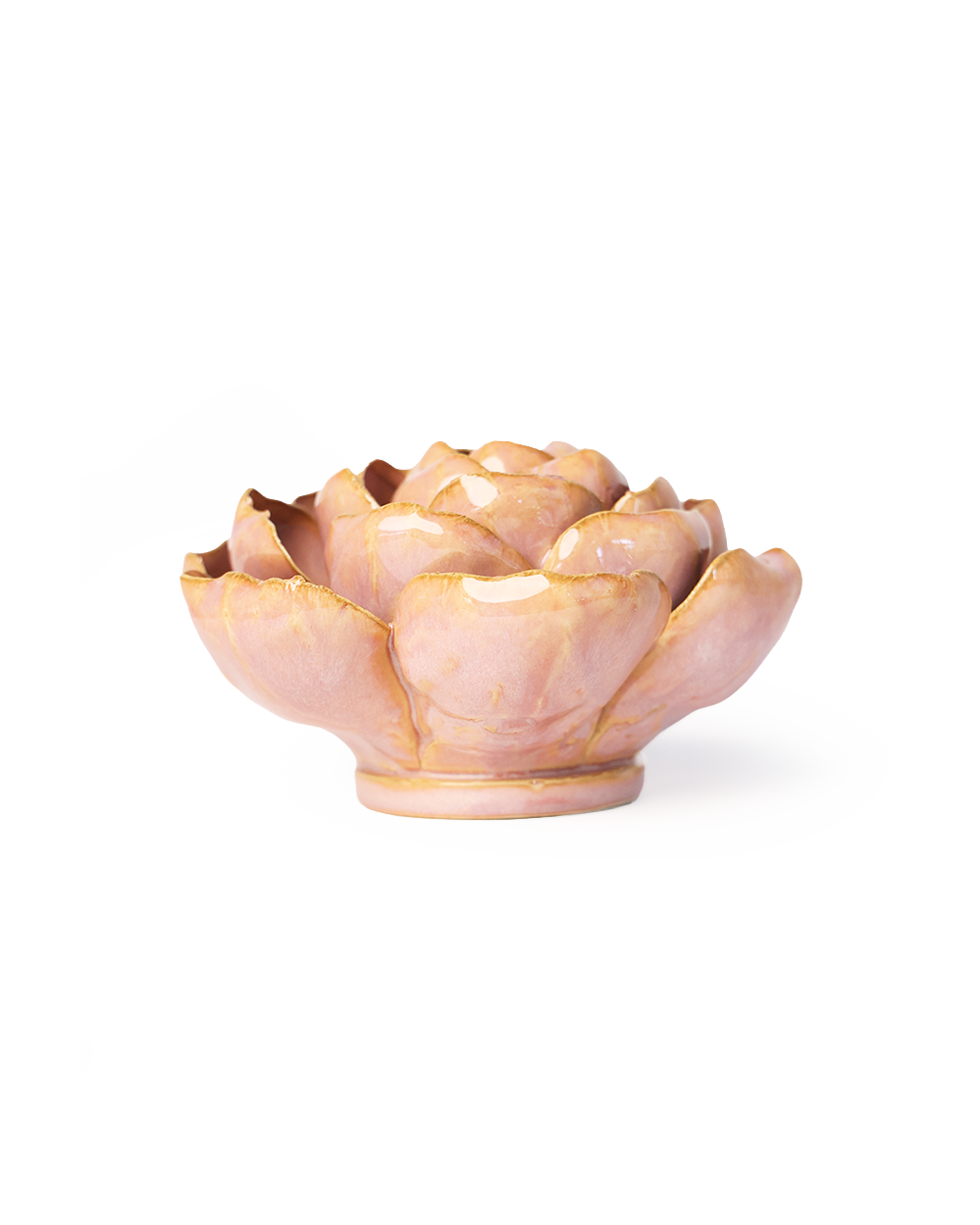 A glossy pink ceramic lotus-shaped dish with gold metallic accents along the petal edges, set against a plain white background.