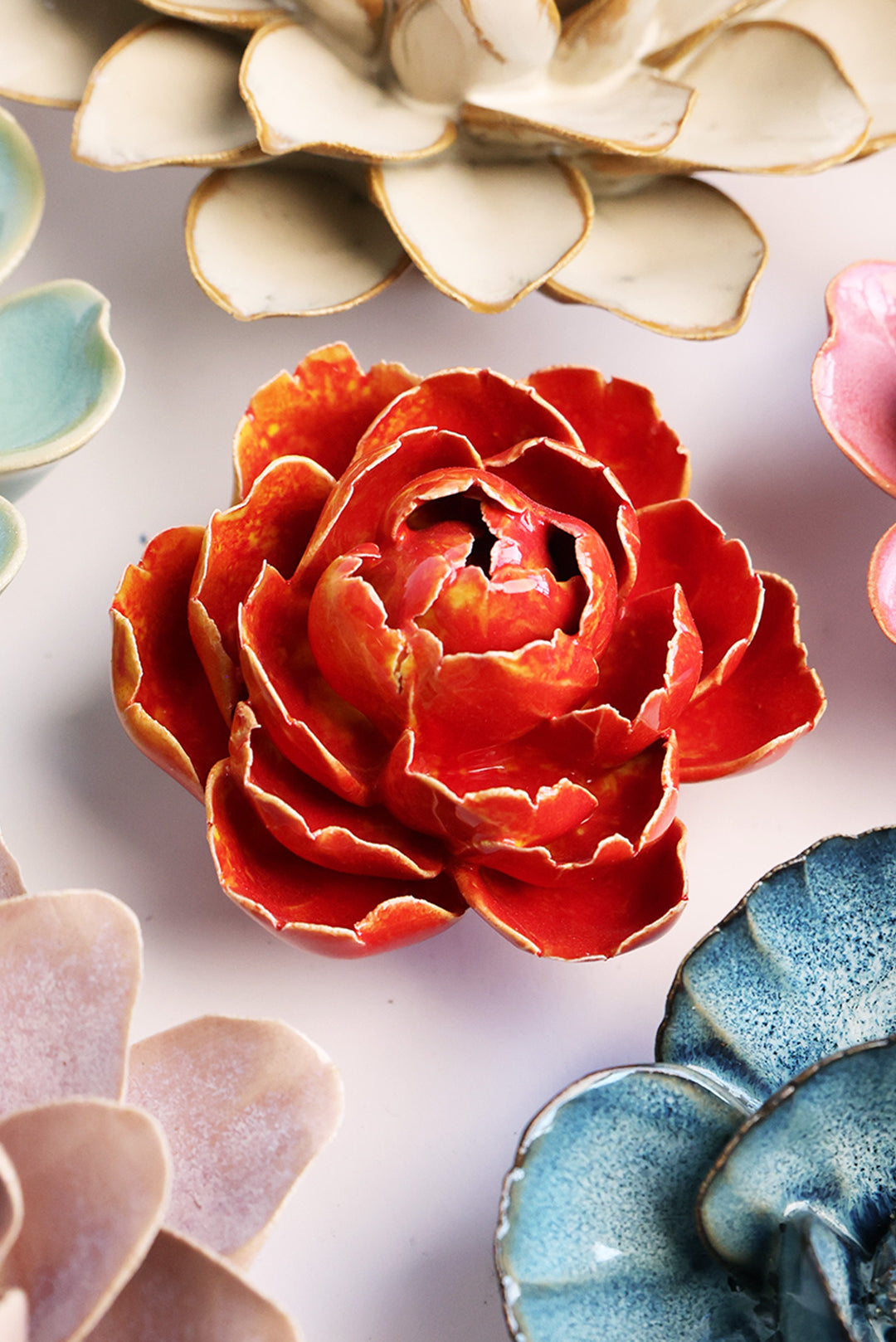 Orange Yellow Gay Paree Peony - Chive Ceramics Studio - Ceramic Flowers - Chive Ceramics Studio