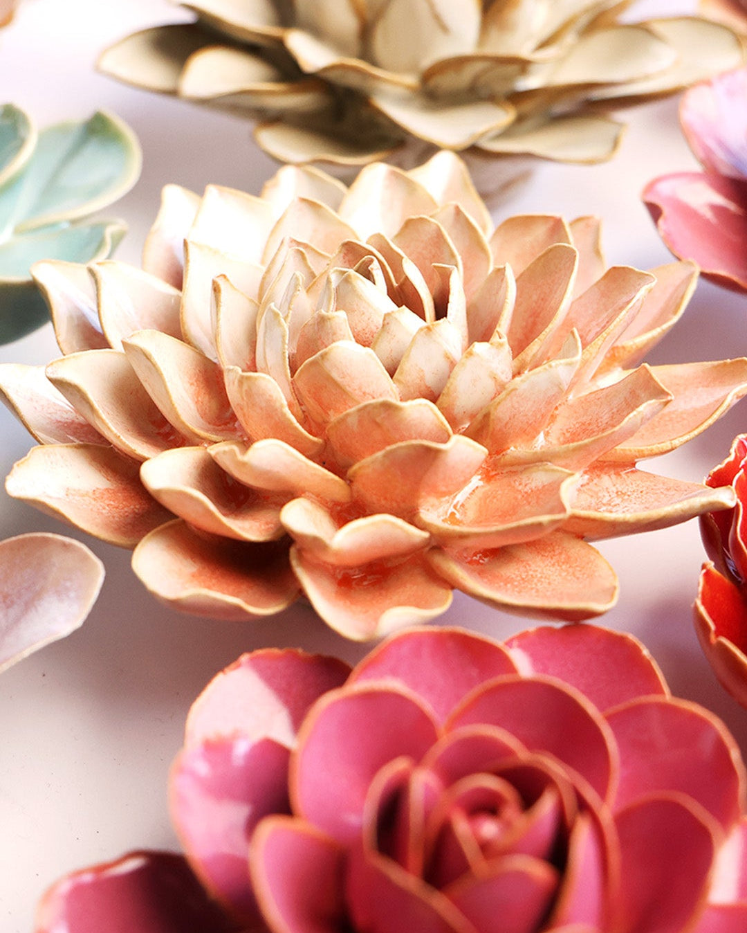 Peach Pink Madonna Azalea ceramic wall flower alternate angle — Chive Ceramics Studio