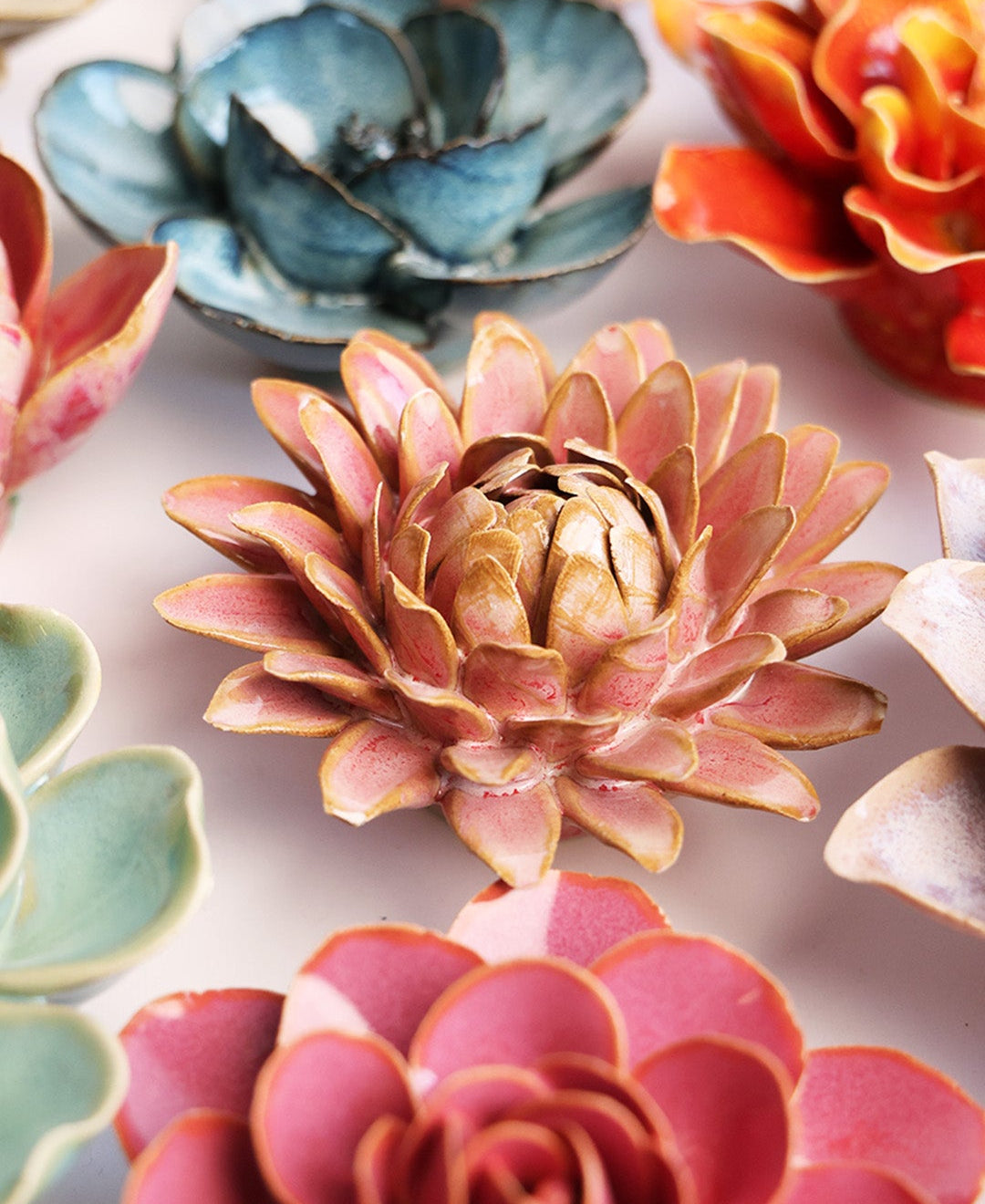 Rose Quartz Pink Strawflower mounted on a gallery wall, Chive Ceramics Studio