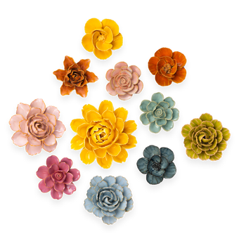 France Collection an assortment of mixed Ceramic wall flowers in orange, pink, blue, and yellow on transparent background - Chive Ceramics Studio