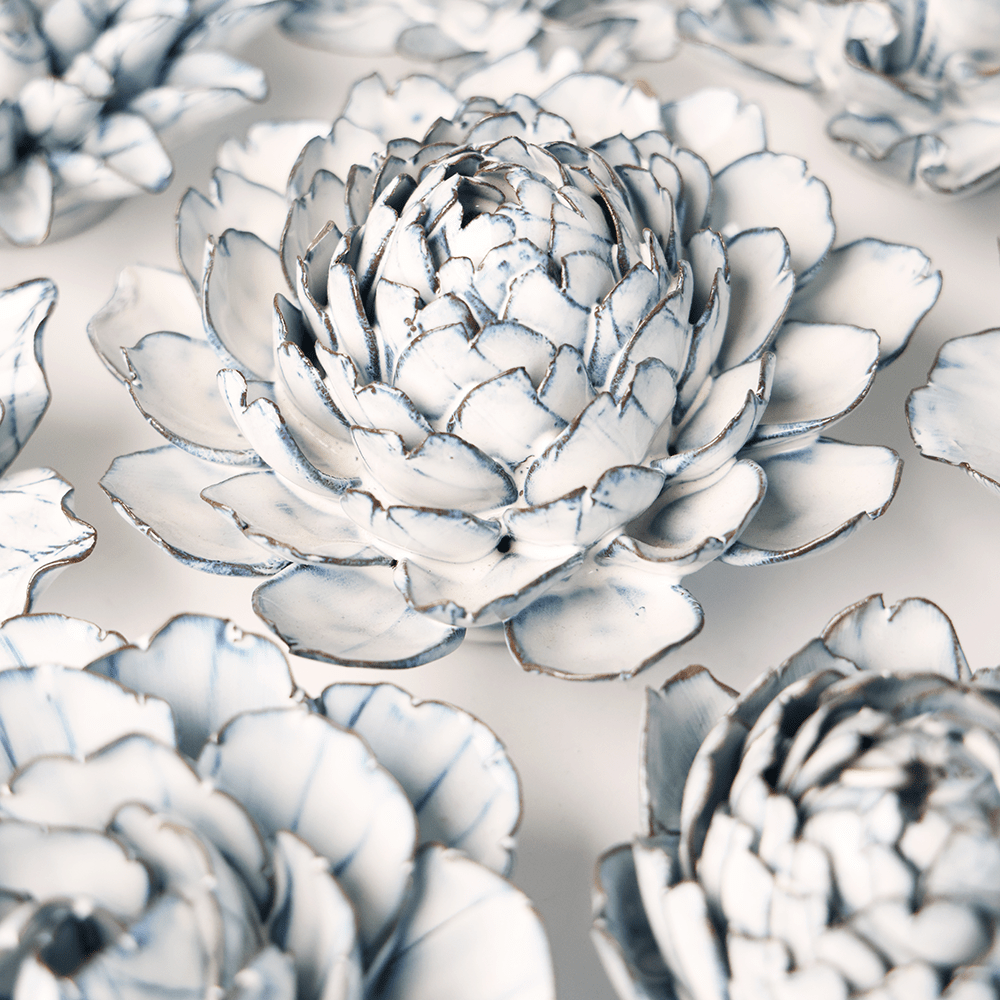 Blue White Hermione Peony ceramic wall flower styled on wall — Coastal Collection — Chive Studio Toronto