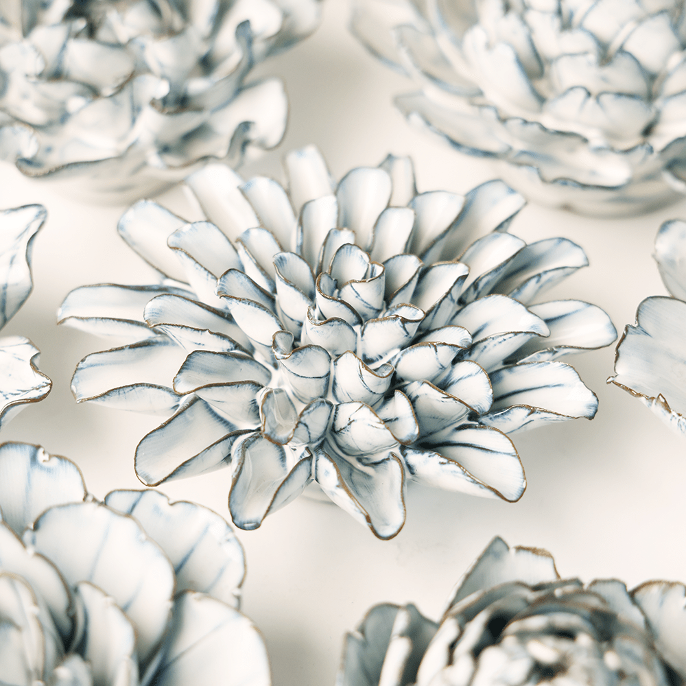 Blue White Lexi Cornflower ceramic wall flower styled on wall — Coastal Collection — Chive Studio Toronto