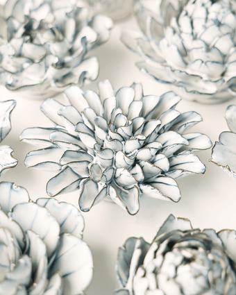Blue White Lexi Cornflower ceramic wall flower styled on wall — Coastal Collection — Chive Studio Toronto