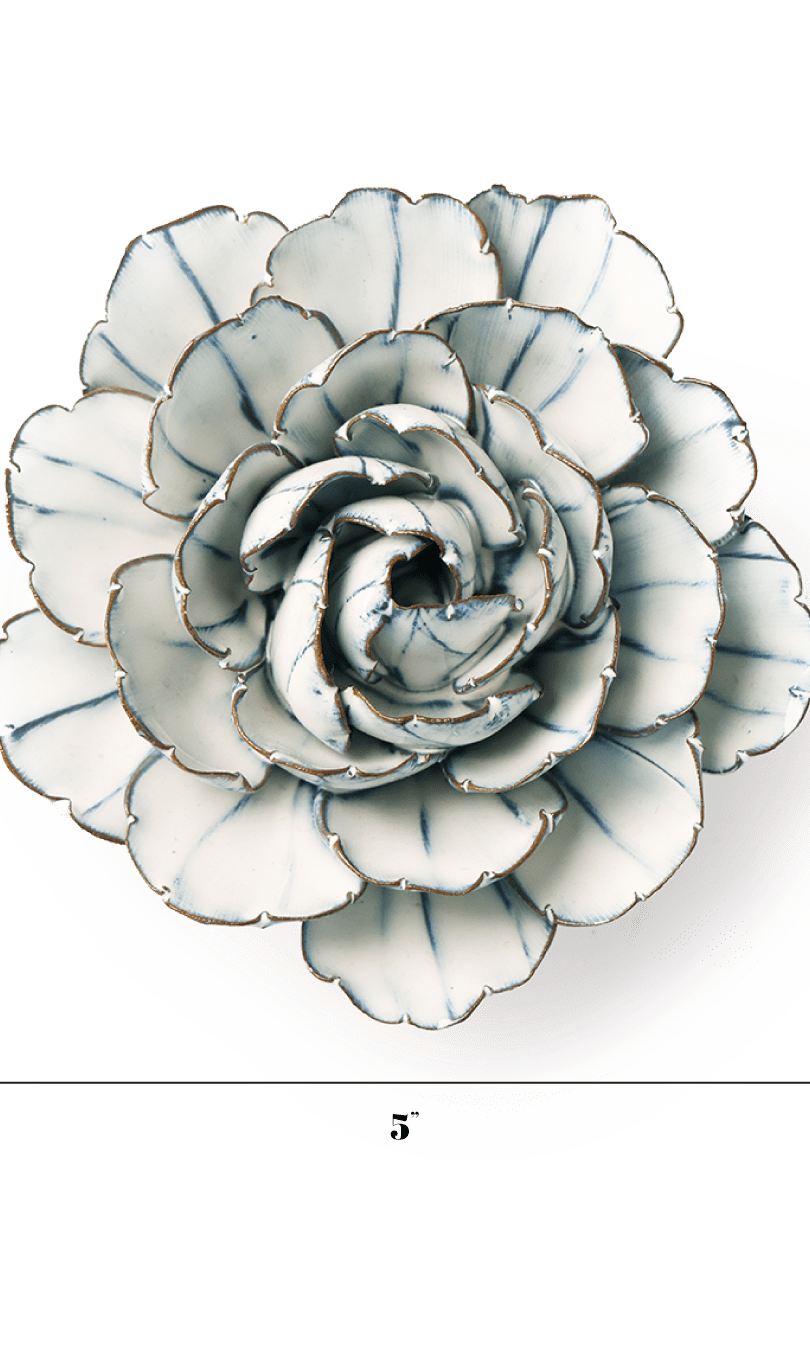 Blue White Keiko Peony ceramic wall flower — Coastal Collection — handmade by Chive Studio Toronto
