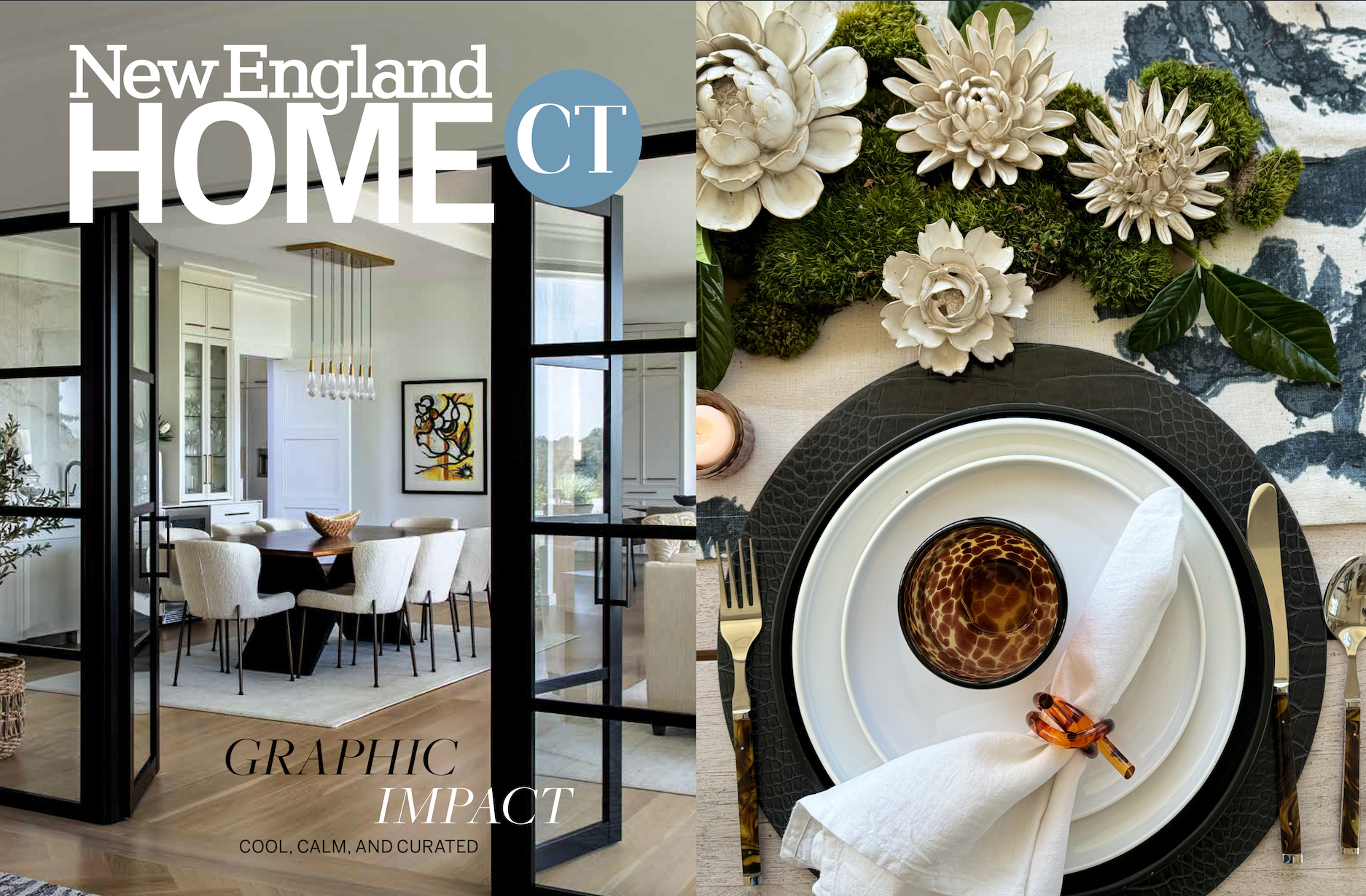 New England Home CT edition magazine editorial featuring Chive Studio white ivory Coastal Collection ceramic flowers