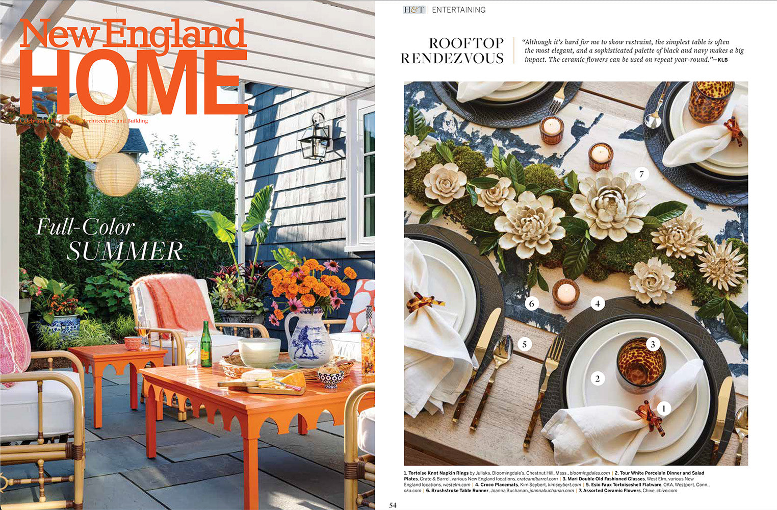 New England Home magazine editorial featuring Chive Studio white ivory Coastal Collection ceramic flowers — summer issue