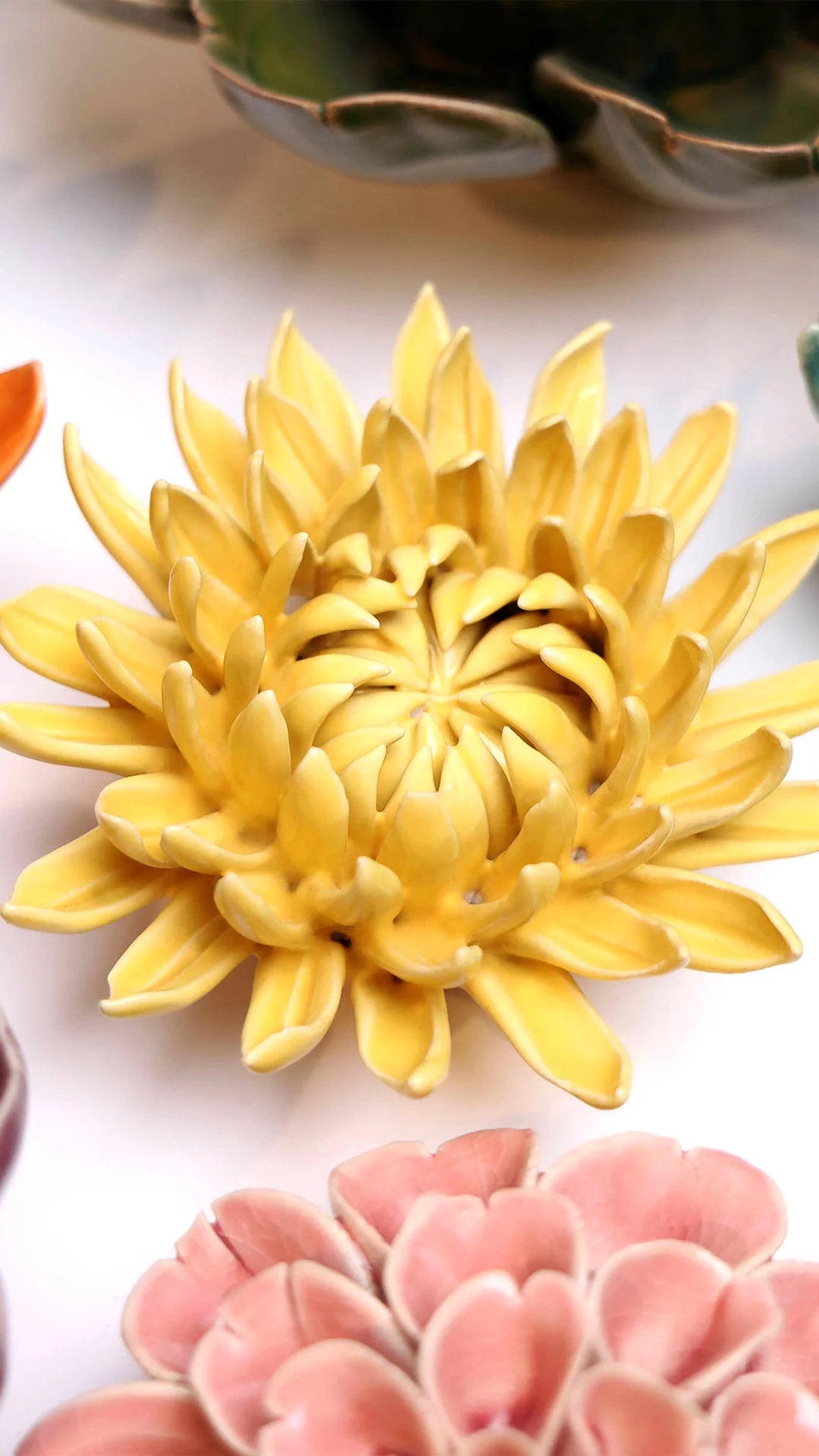 November Birth Flower - Chrysanthemum ceramic wall flower styled on wall — Birth Flower Collection — Chive Studio Toronto