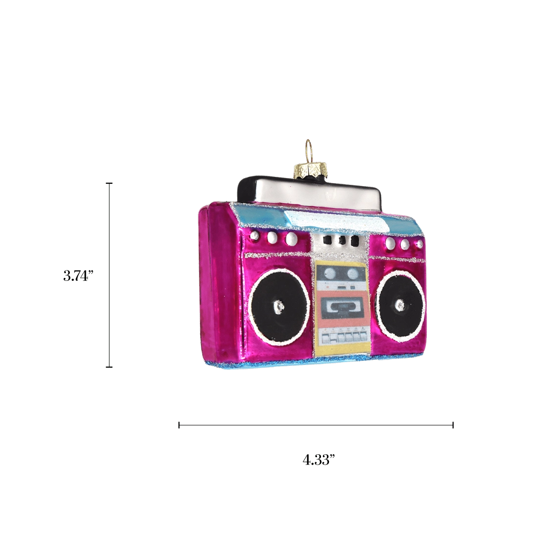 Chive glass boombox ornament with a dimension diagram showing its retro rectangular size.