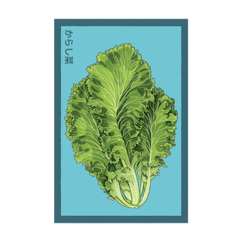 Mustard Greens seed packet - Shido Seeds non-GMO vacuum-sealed woodblock design