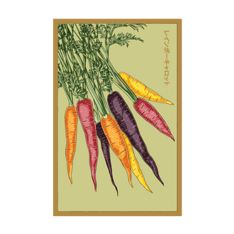 Rainbow Carrot seed packet - Shido Seeds non-GMO vacuum-sealed woodblock design