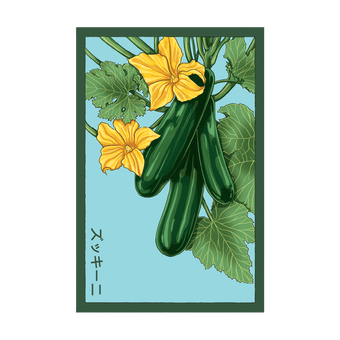 Zucchini seed packet - Shido Seeds non-GMO vacuum-sealed woodblock design