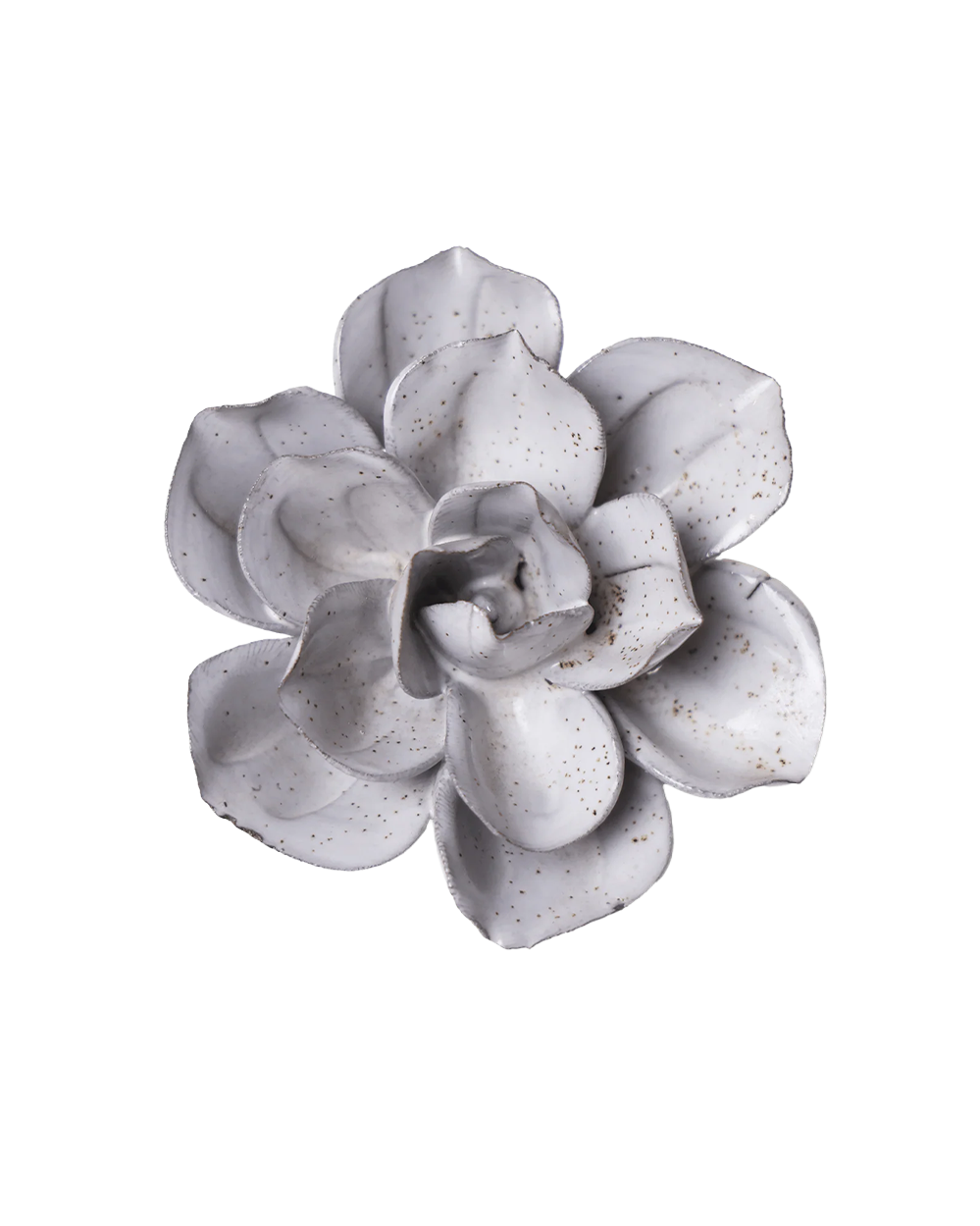 A ceramic succulent flower figurine with textured, speckled off-white petals, shown from a top-down perspective on a solid white background.