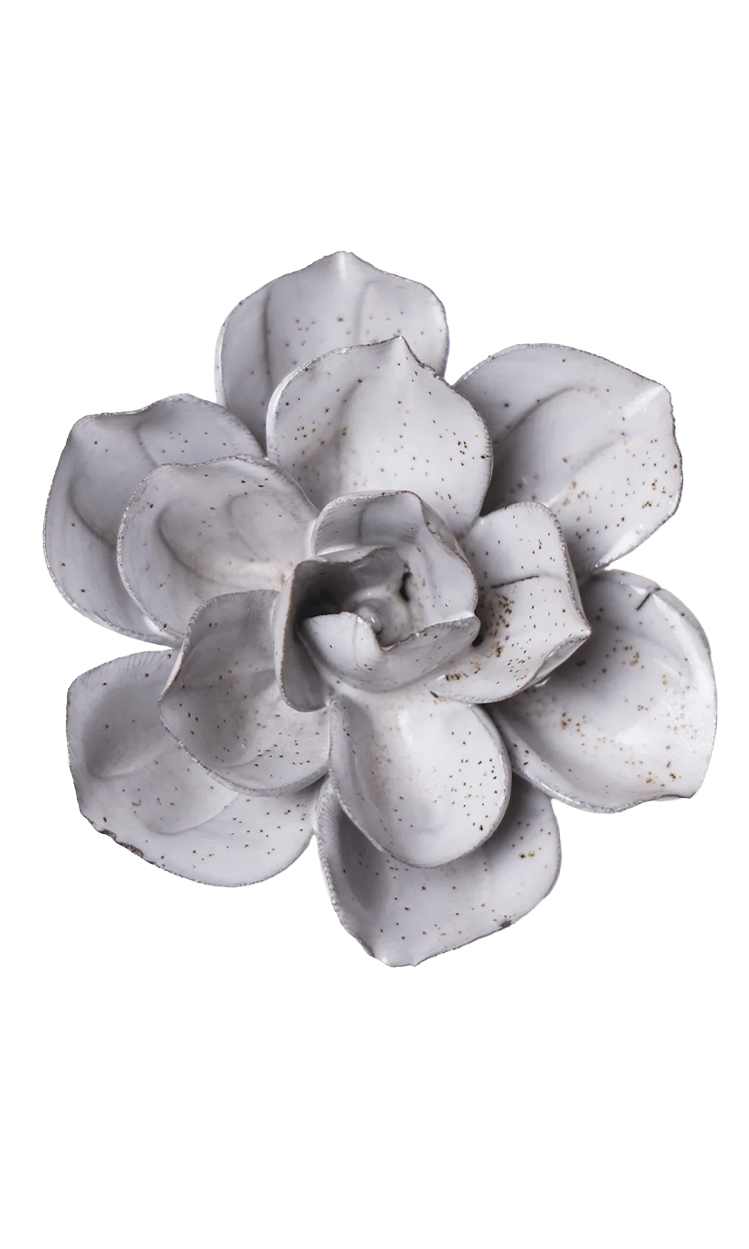A ceramic succulent flower figurine with textured, speckled off-white petals, shown from a top-down perspective on a solid white background.