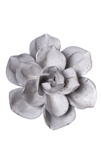 A ceramic succulent flower figurine with textured, speckled off-white petals, shown from a top-down perspective on a solid white background.