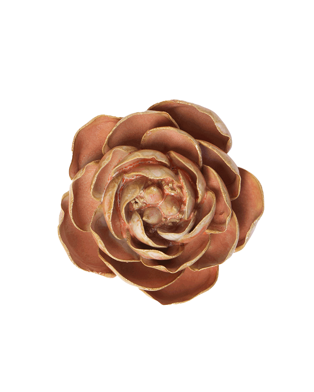 A single artificial rose-shaped flower with layered petals in a warm coppery brown color, isolated on a solid white background.