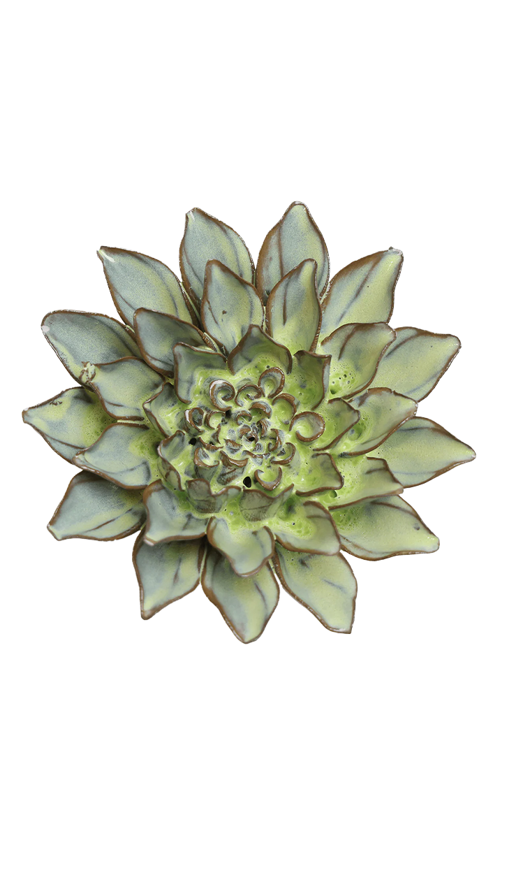 A decorative metal rose-shaped succulent wall hanging with a detailed green and silver-gray leaf design, isolated on a white background.