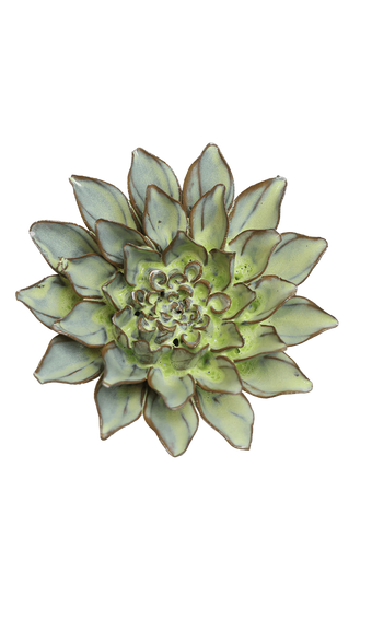 A decorative metal rose-shaped succulent wall hanging with a detailed green and silver-gray leaf design, isolated on a white background.