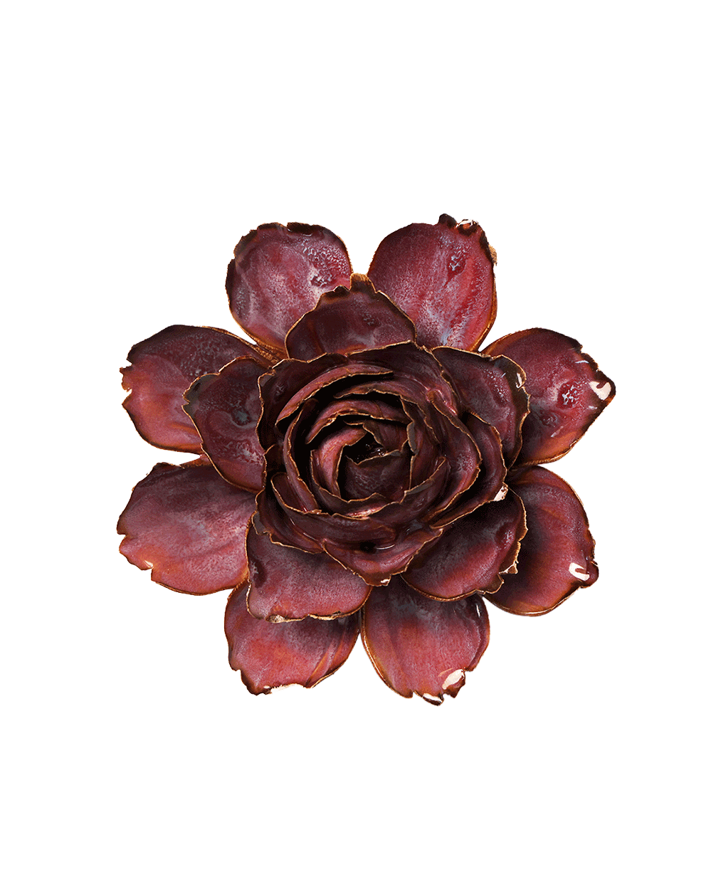 A single artificial flower bloom with dark burgundy petals and subtle gold edging, photographed against a plain white background.