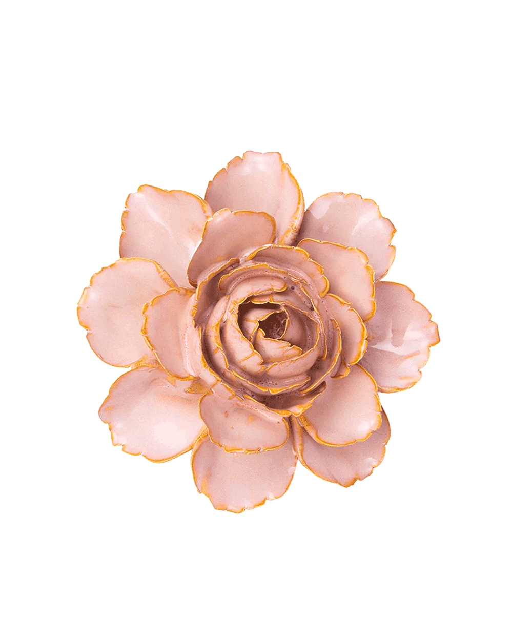 A single artificial flower bloom with pale blush pink petals and metallic gold edging, photographed from above on a plain white background.