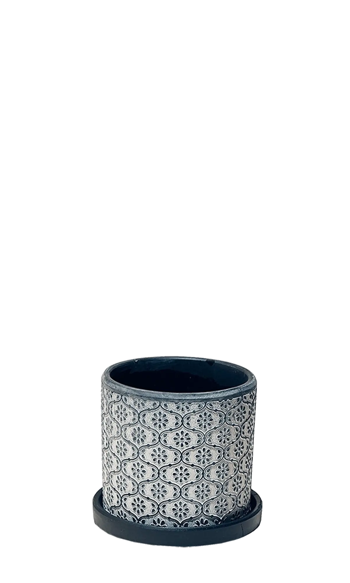 Chive Balter ceramic planter in black flower with an embossed floral tile pattern and matching saucer.